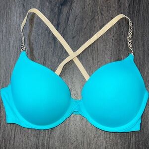 Victoria’s Secret PINK Teal Blue Wear Everywhere Push Up Bra with Leopard Straps